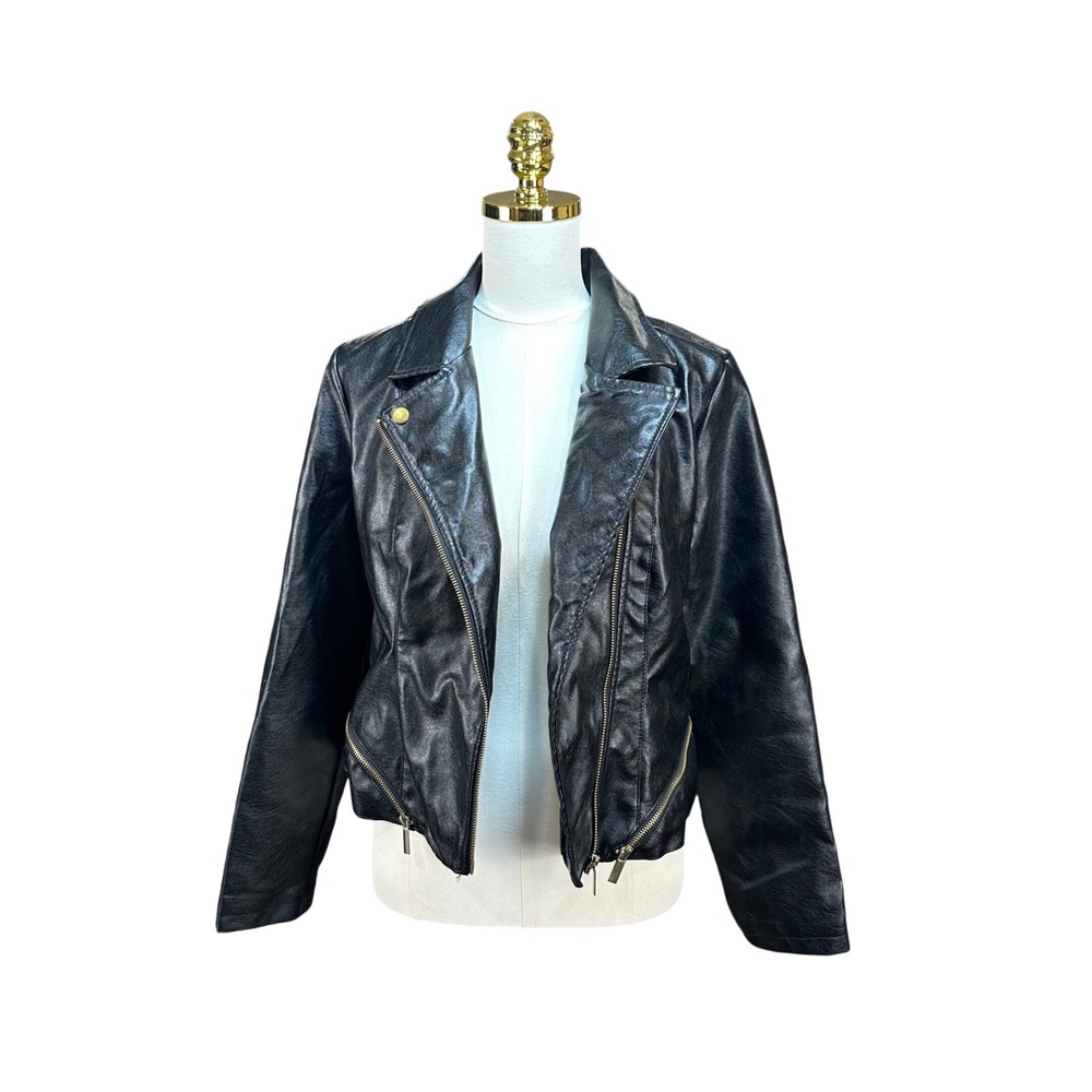 New Look Womens Black Faux Leather Moto Biker Jacket Gold Zip Size L RN 57686 - Picture 3 of 8